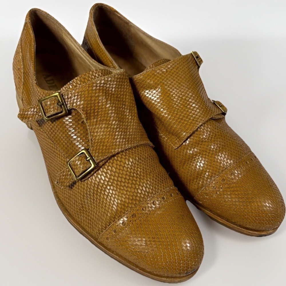 Adela Gil Double Monk Strap Mens 8.5 Tan Snakeskin Embossed Brogue Dress Shoes